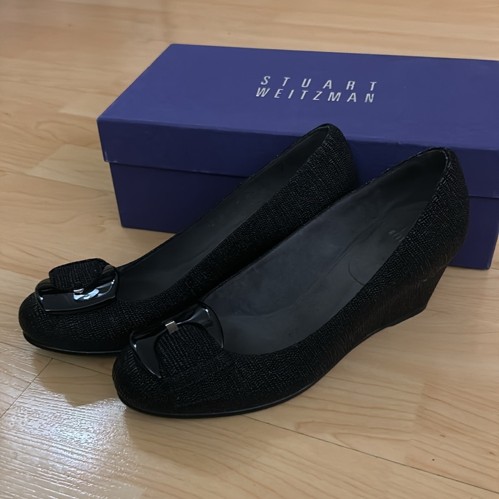 Stuart Weitzman Bucalina Buckle Black Metallic Wedge Heel Women's Size 6